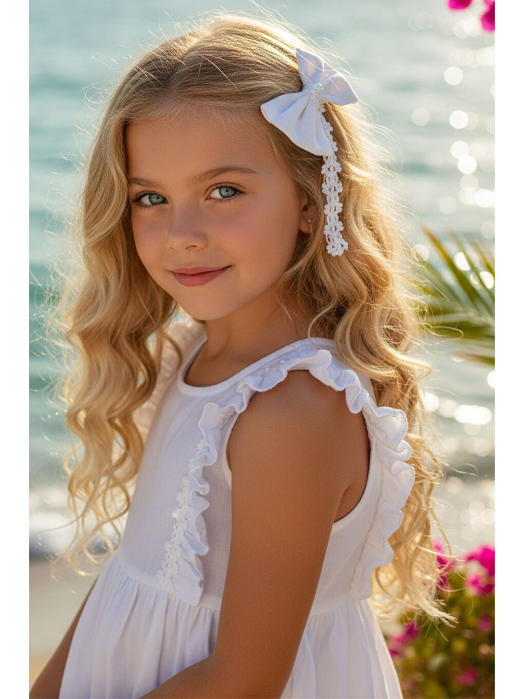 Beyaz Kız Çocuk Eloise Keten Kolsuz Fırfırlı Dantel Detaylı Elbise Toka Takım-1