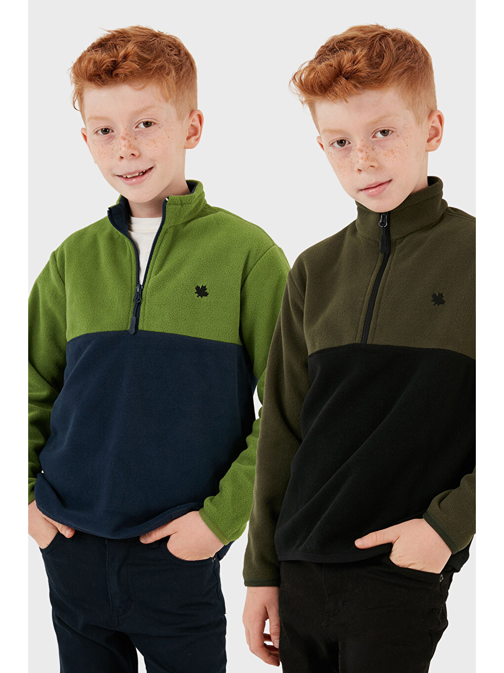 Yeşil Yumuşak Dokulu Yarım Fermuarlı Renk Bloklu Dik Yaka 2'li Paket Polar 5905004S2