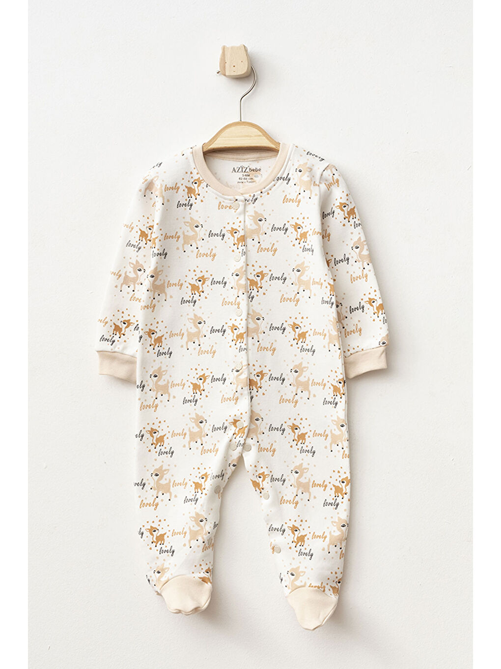 Bej Kız Bebek Çıtçıtlı Geyik Desenli Patikli Tulum 0 Ay 6 Ay