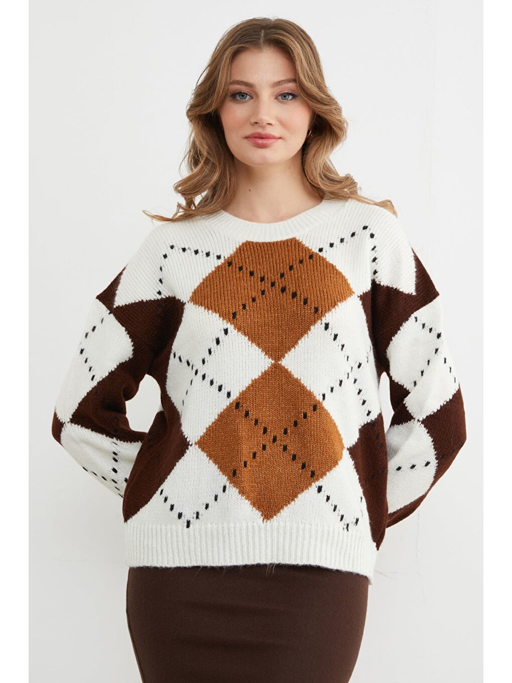 Kahverengi Baklava Desenli Bisiklet Yaka Triko Kazak-3