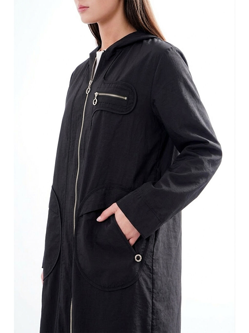 Kapüşonlu Yuvarlak Torba Cepli Fermuarlı Safari Kap 813 Siyah-2