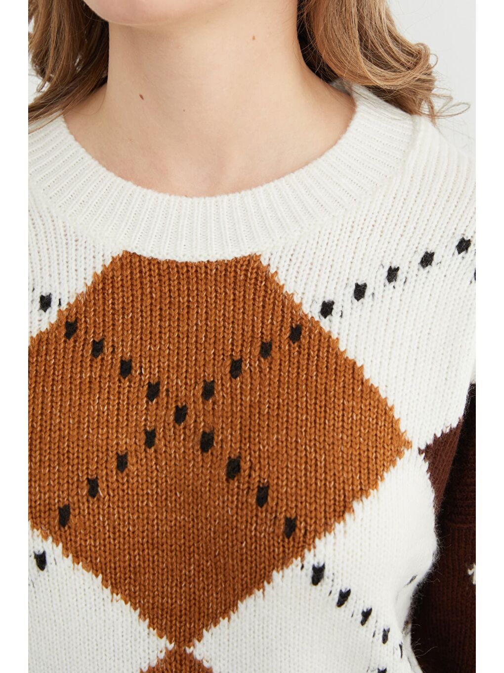 Kahverengi Baklava Desenli Bisiklet Yaka Triko Kazak-4