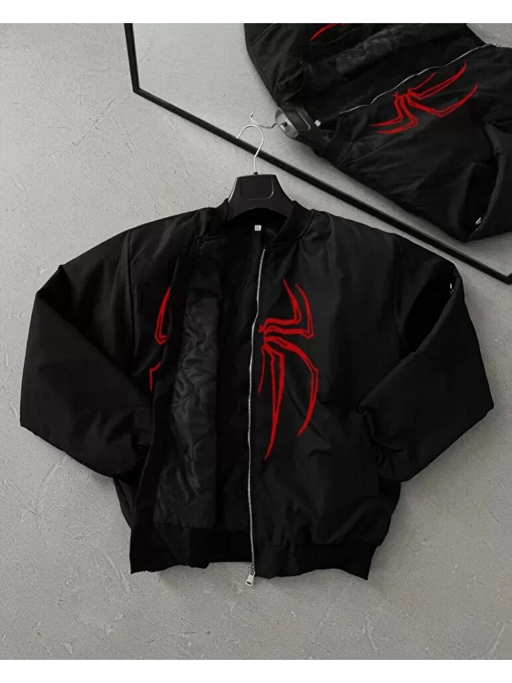 Unisex Uzun Kol Örümcek Baskılı Bomber Ceket - Siyah-1