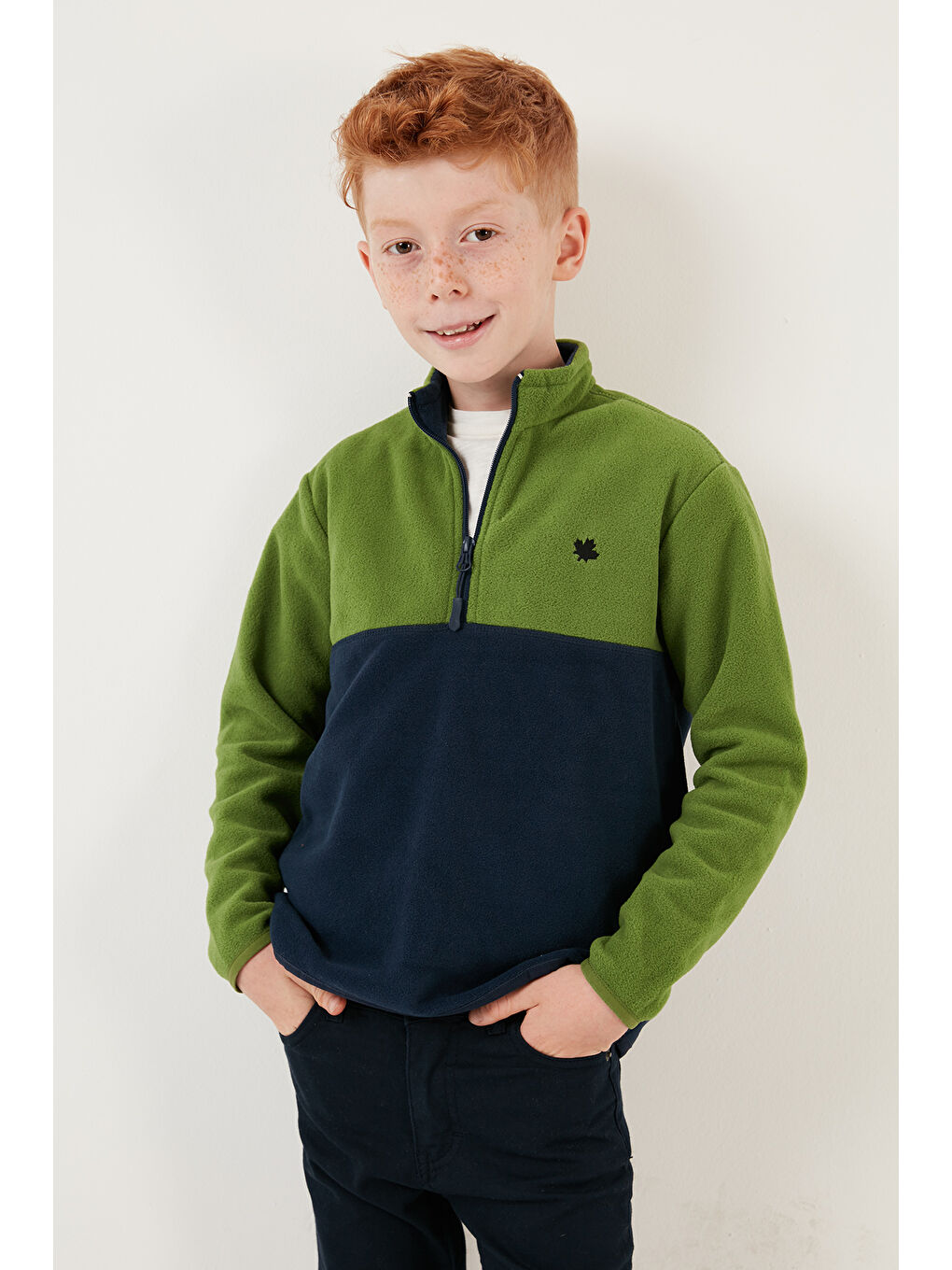 Yeşil Yumuşak Dokulu Yarım Fermuarlı Renk Bloklu Dik Yaka 2'li Paket Polar 5905004S2-1