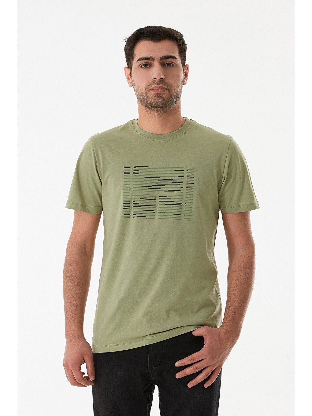 Yeşil Kabartma Baskılı Bisiklet Yaka Tişört