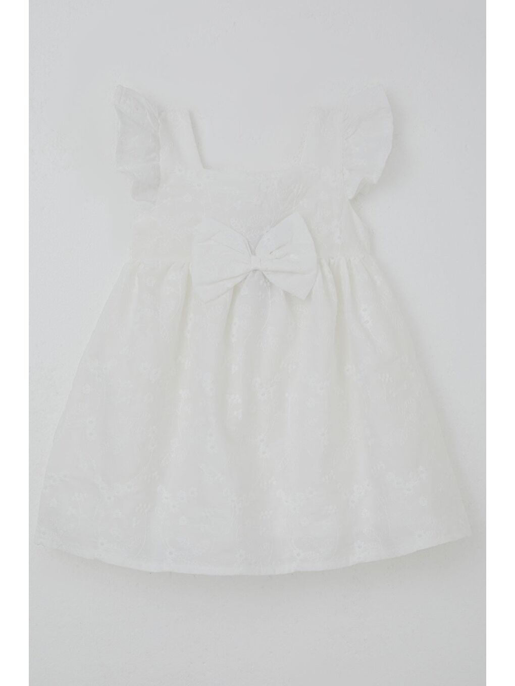 Kız Çocuk Dantel Elbise Fiyonk Aksesuarlı Çiçek Nakışlı Ekru (3-8 Yaş)