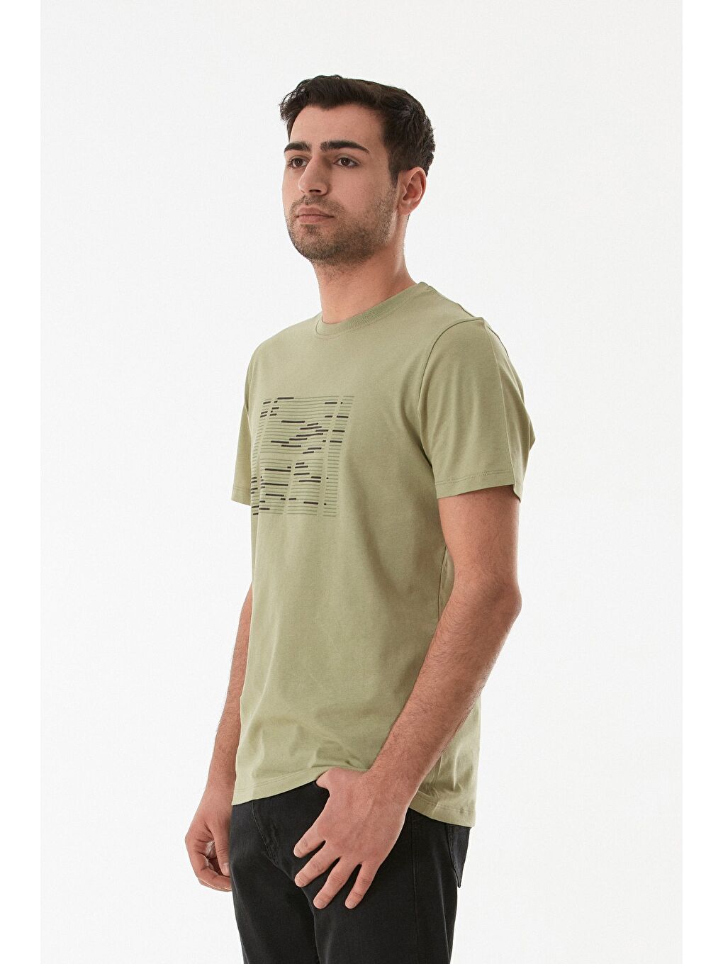 Yeşil Kabartma Baskılı Bisiklet Yaka Tişört-1