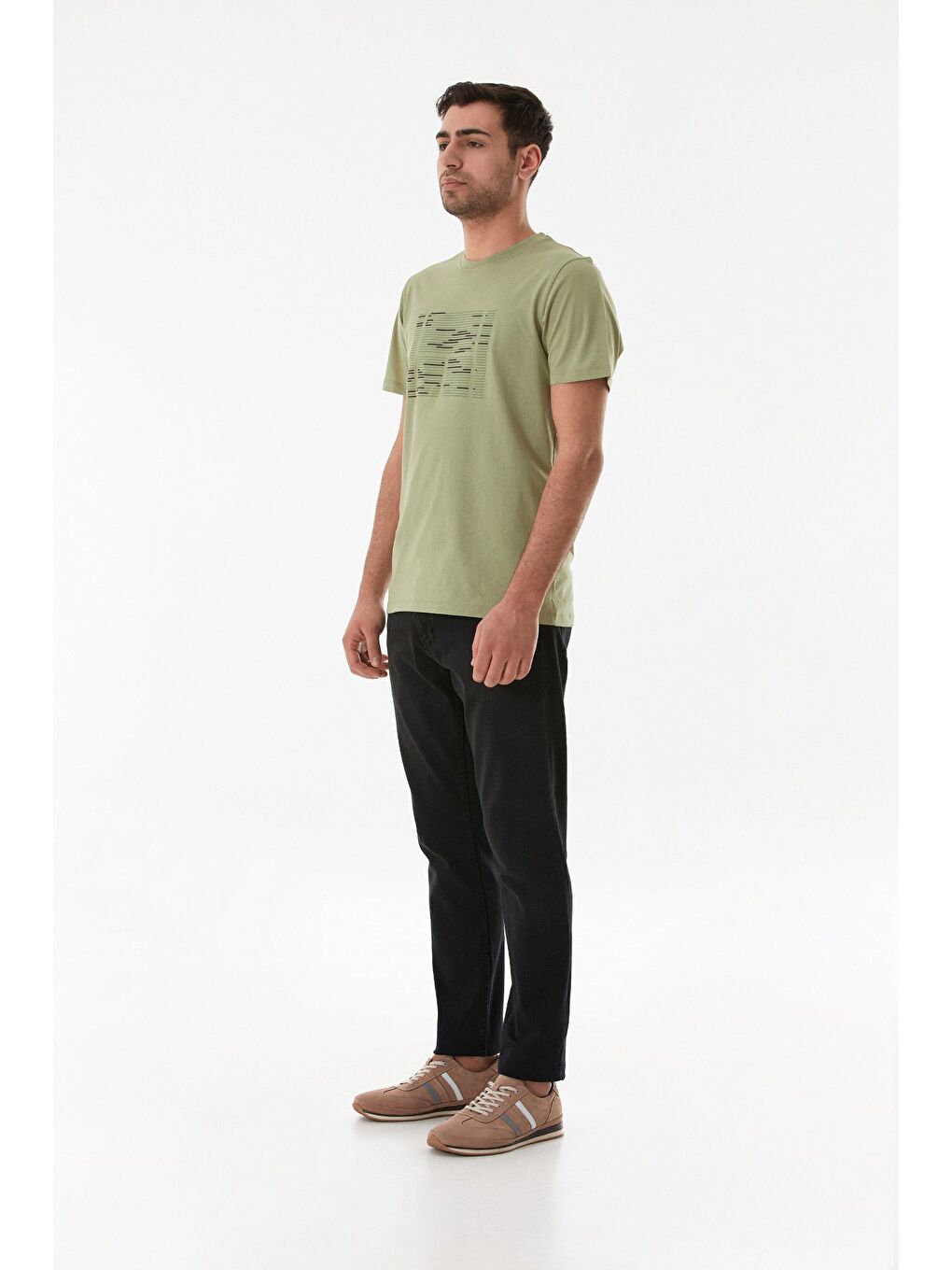 Yeşil Kabartma Baskılı Bisiklet Yaka Tişört-2