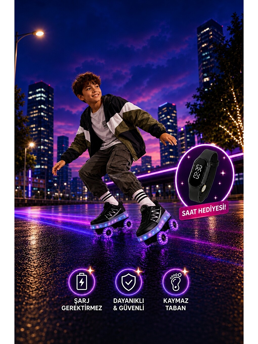 Siyah SKY Çocuk Işıklı Patenli Tekerlekli Sneaker Spor Ayakkabı-2