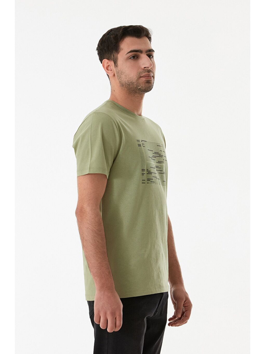 Yeşil Kabartma Baskılı Bisiklet Yaka Tişört-4