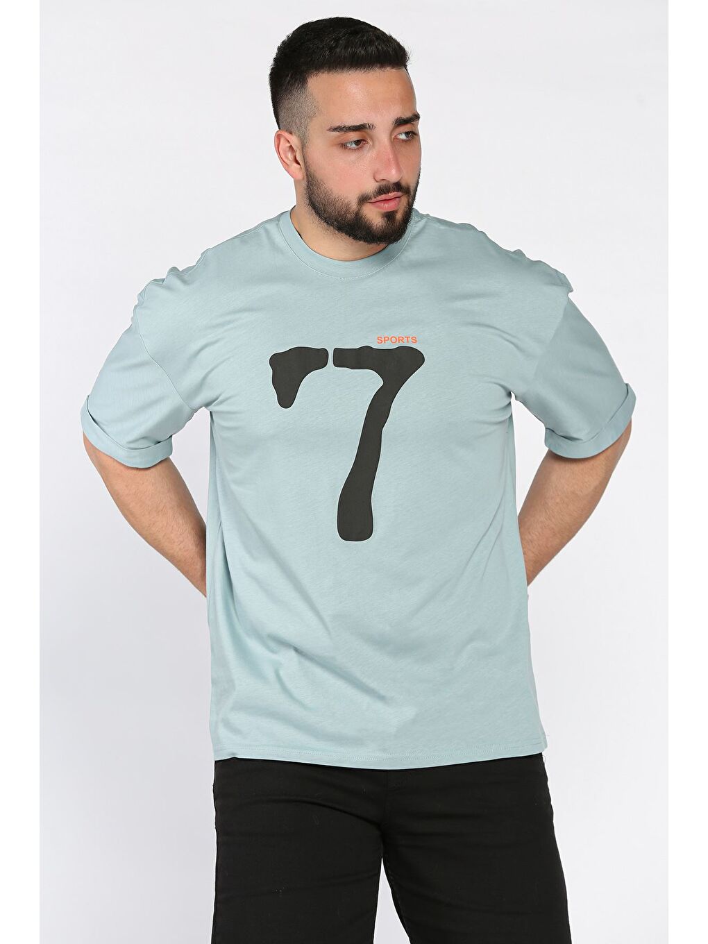 Yeşil Kol Katlamalı Baskılı Erkek Tişört