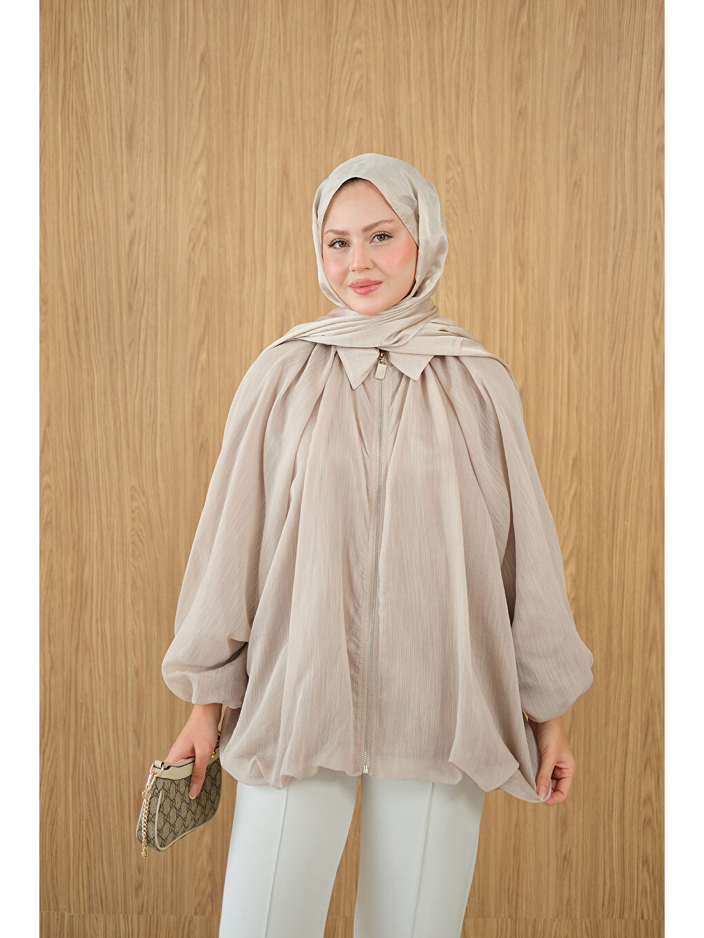 Ekru Kadın Astarlı Balon Kol Ceket Krem-1