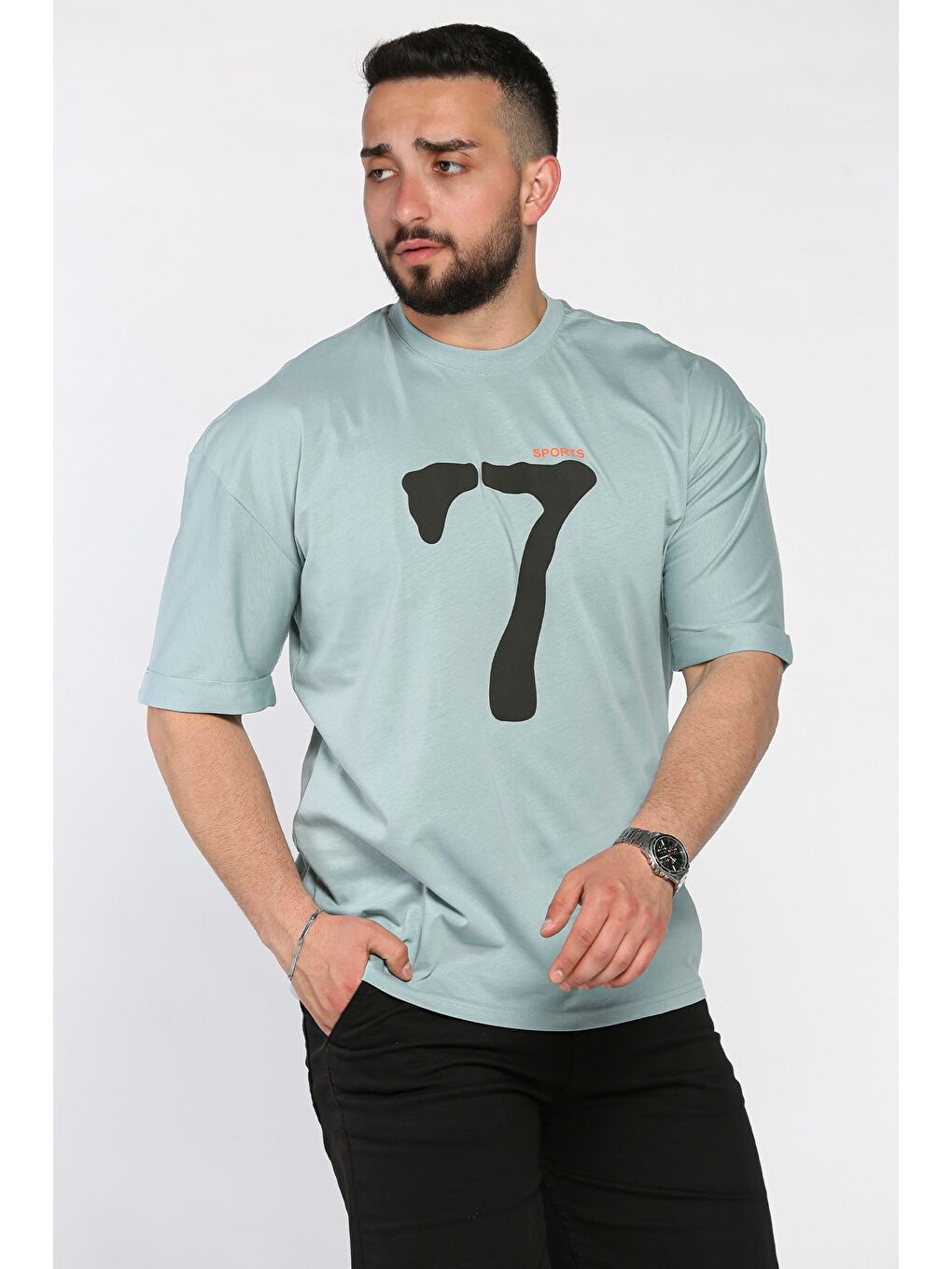 Yeşil Kol Katlamalı Baskılı Erkek Tişört-1