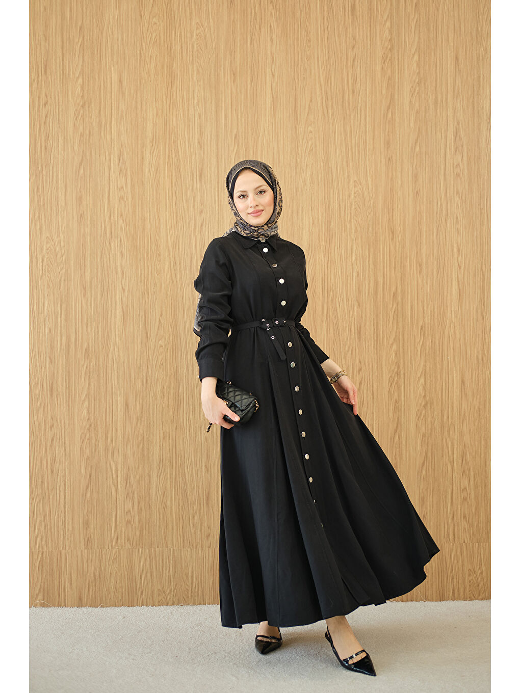 Kadın Boydan Düğmeli Kemerli Elbise Siyah-1