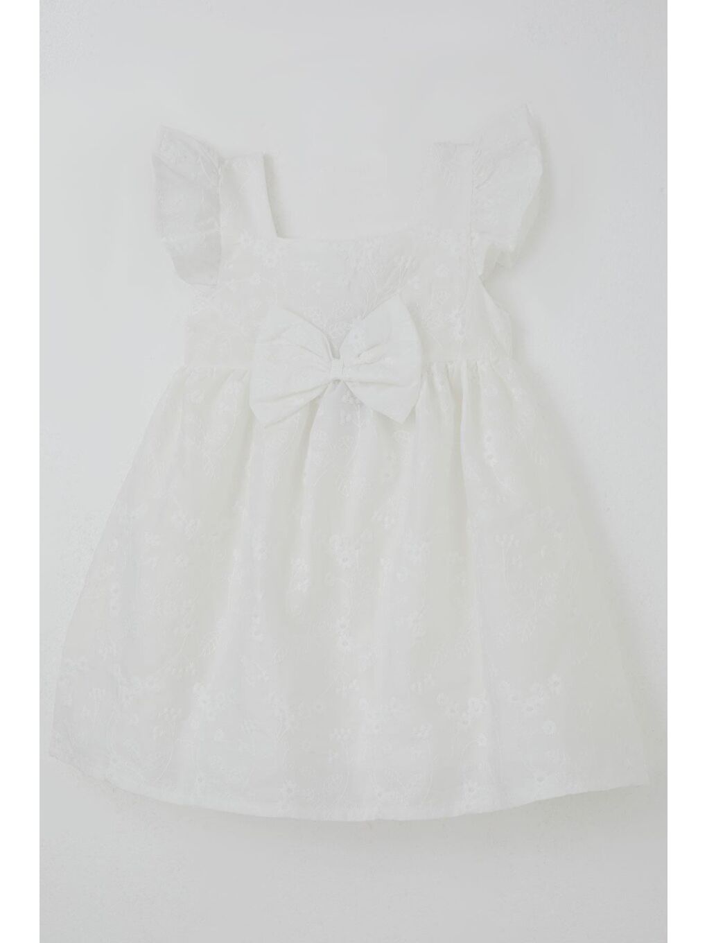 Kız Çocuk Dantel Elbise Fiyonk Aksesuarlı Çiçek Nakışlı Ekru (3-8 Yaş)-2