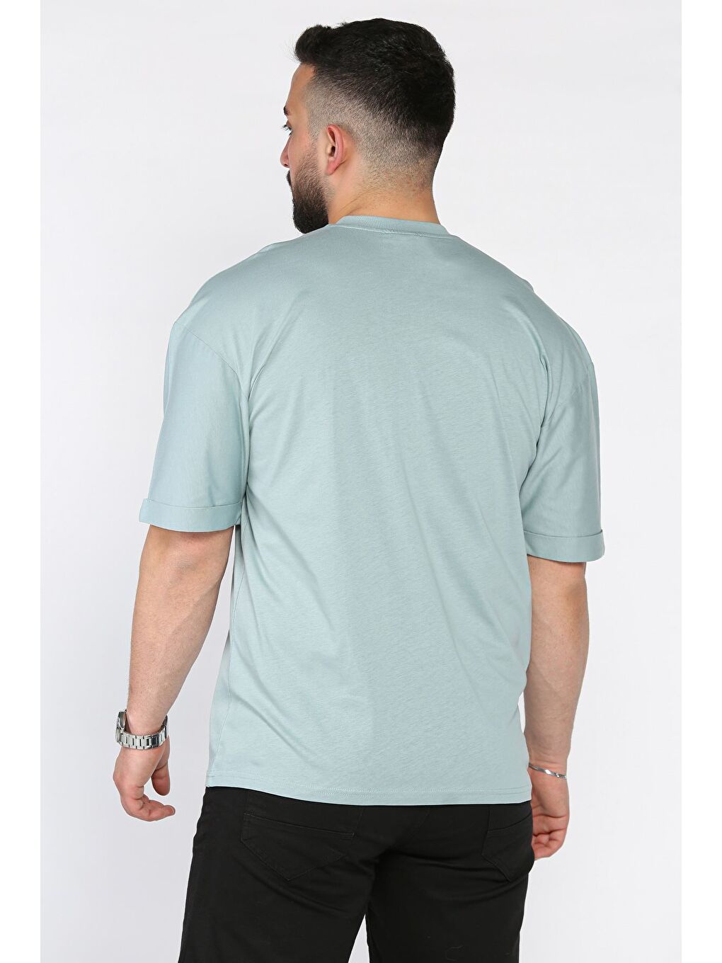 Yeşil Kol Katlamalı Baskılı Erkek Tişört-2