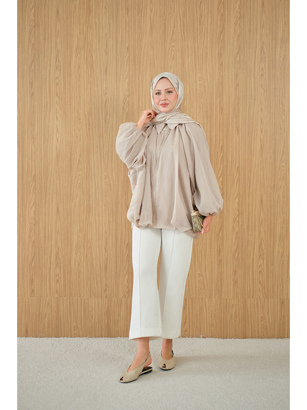 Ekru Kadın Astarlı Balon Kol Ceket Krem-2