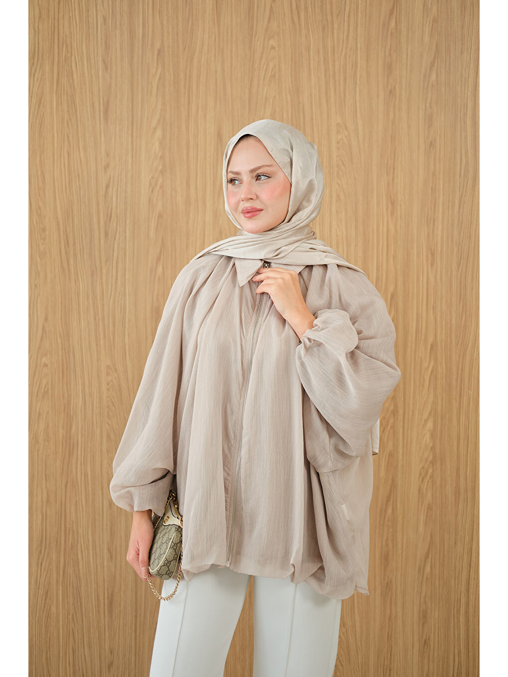 Ekru Kadın Astarlı Balon Kol Ceket Krem-3