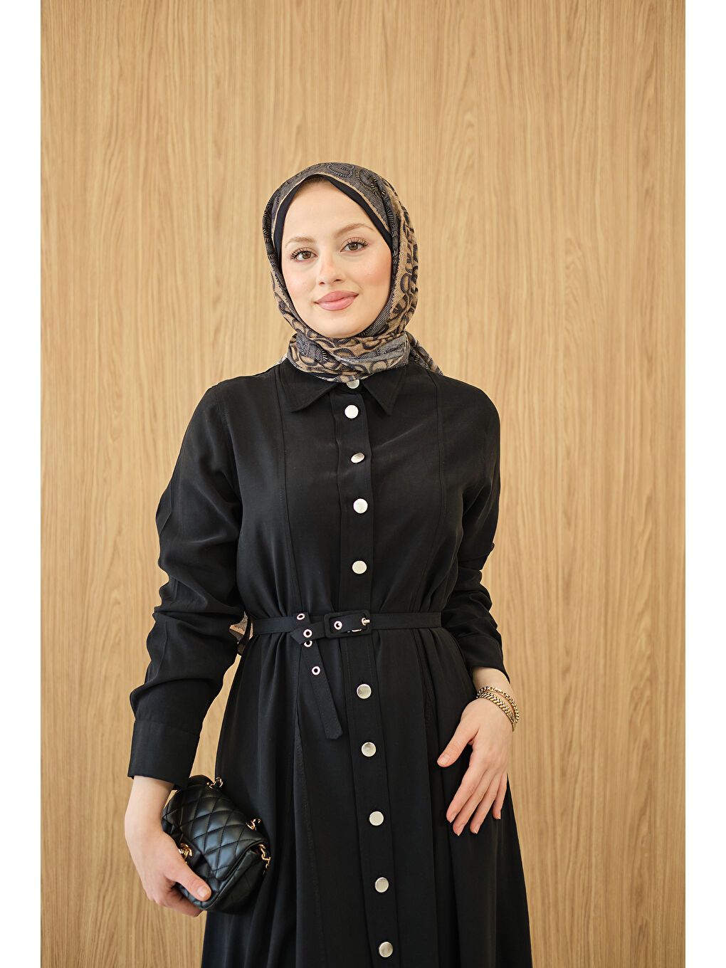 Kadın Boydan Düğmeli Kemerli Elbise Siyah-2