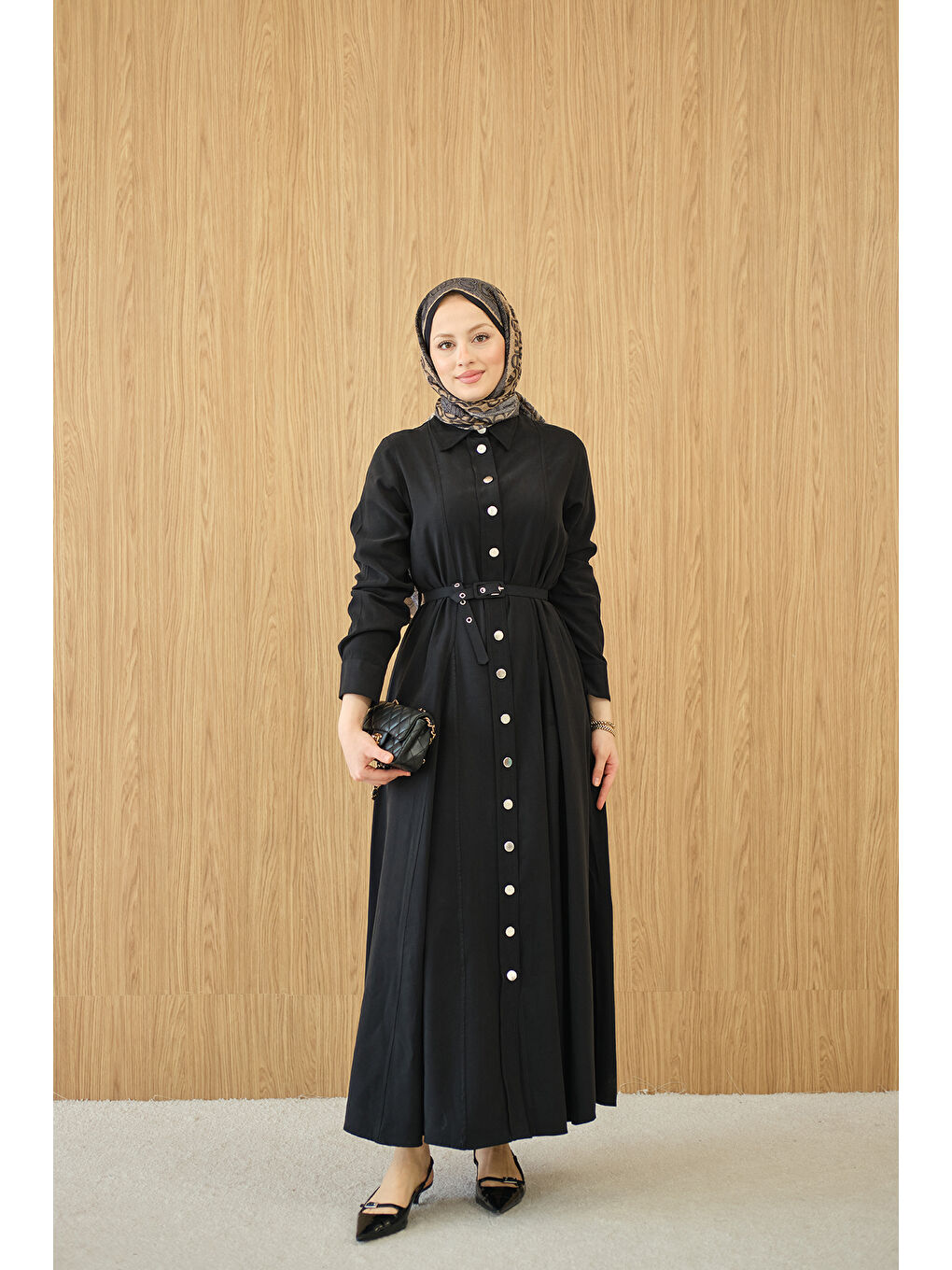 Kadın Boydan Düğmeli Kemerli Elbise Siyah-3