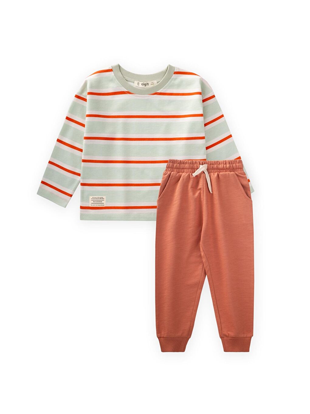 Yeşil Çizgili Uzun Kollu T-Shırt Takım 2-12 Yaş Mint Turuncu Çizgili
