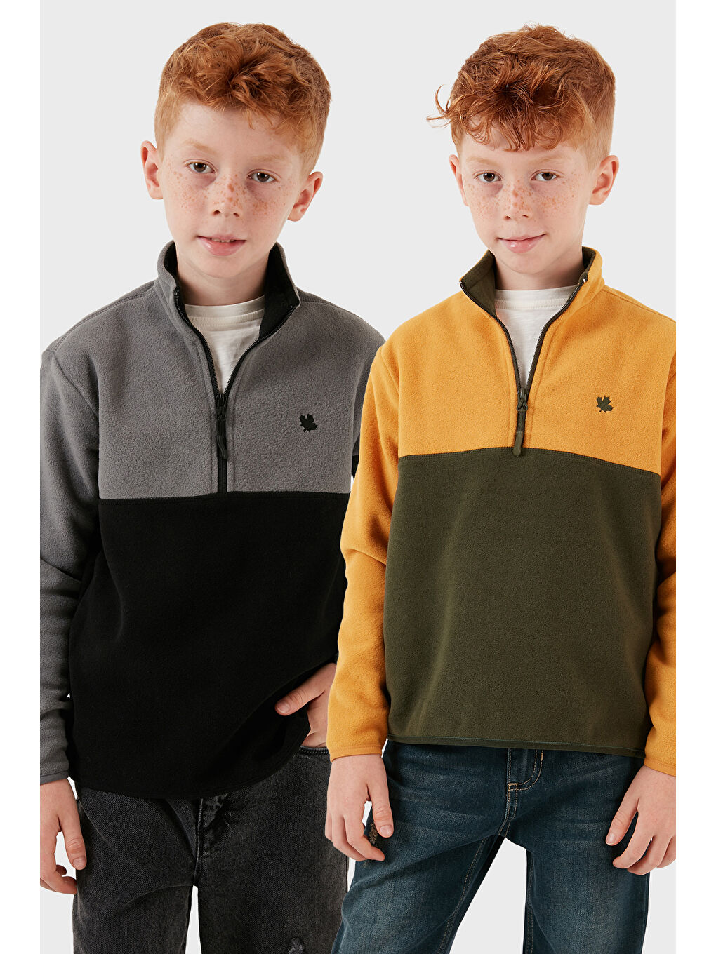 Gri Yumuşak Dokulu Yarım Fermuarlı Renk Bloklu Dik Yaka 2'li Paket Polar 5905004S2