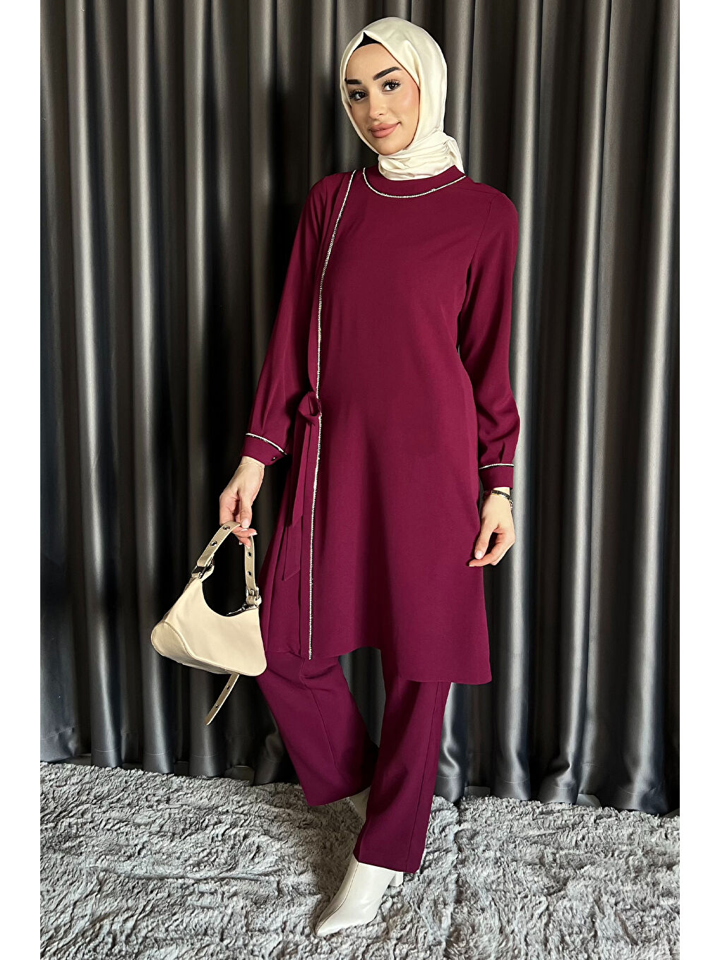 Bordo Kadın Taş İşlemeli Tesettür Tunik Pantolon İkili Takım-3