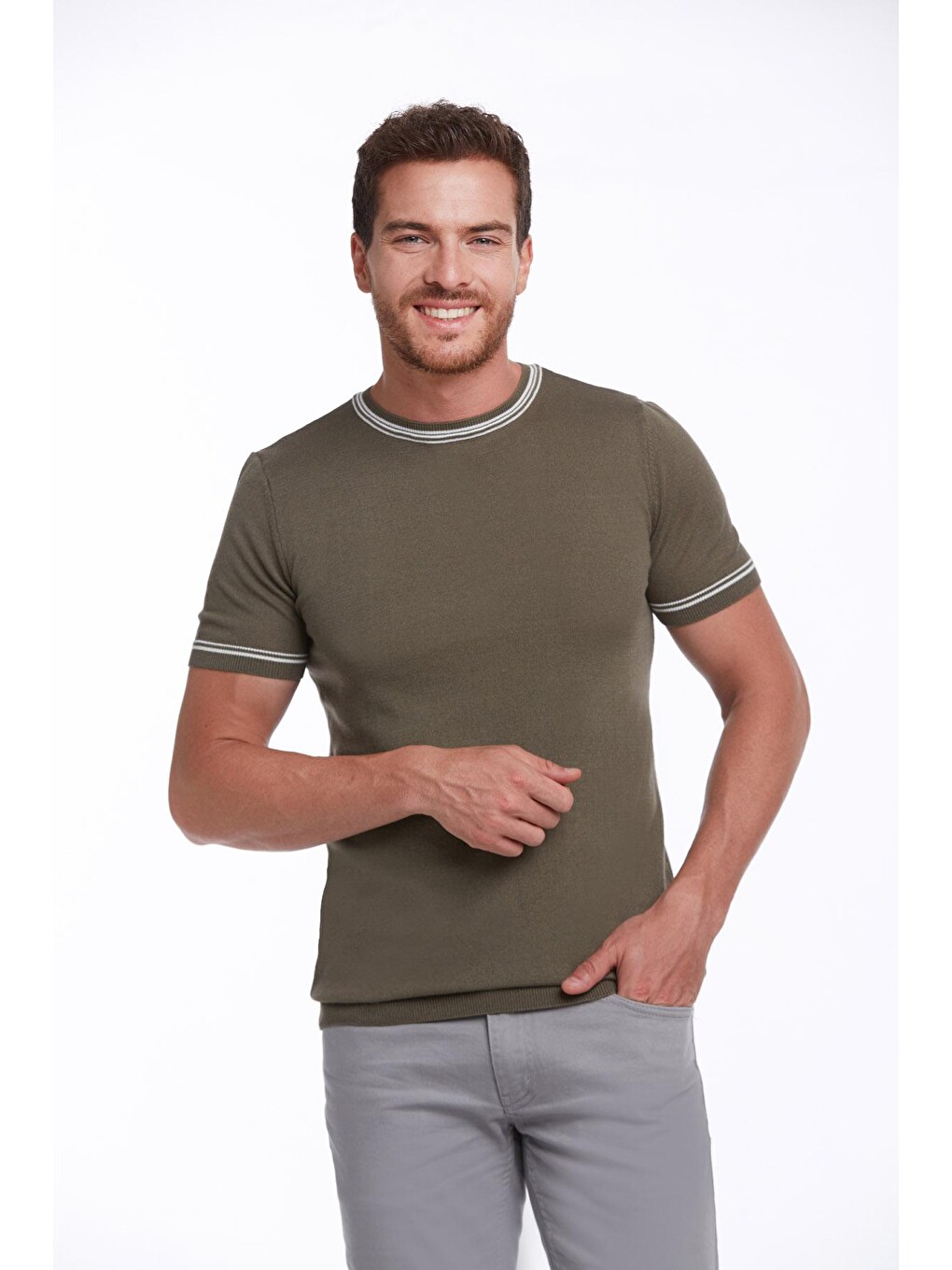 Haki Regular Fit Düz Bisiklet Yaka Triko Tişört