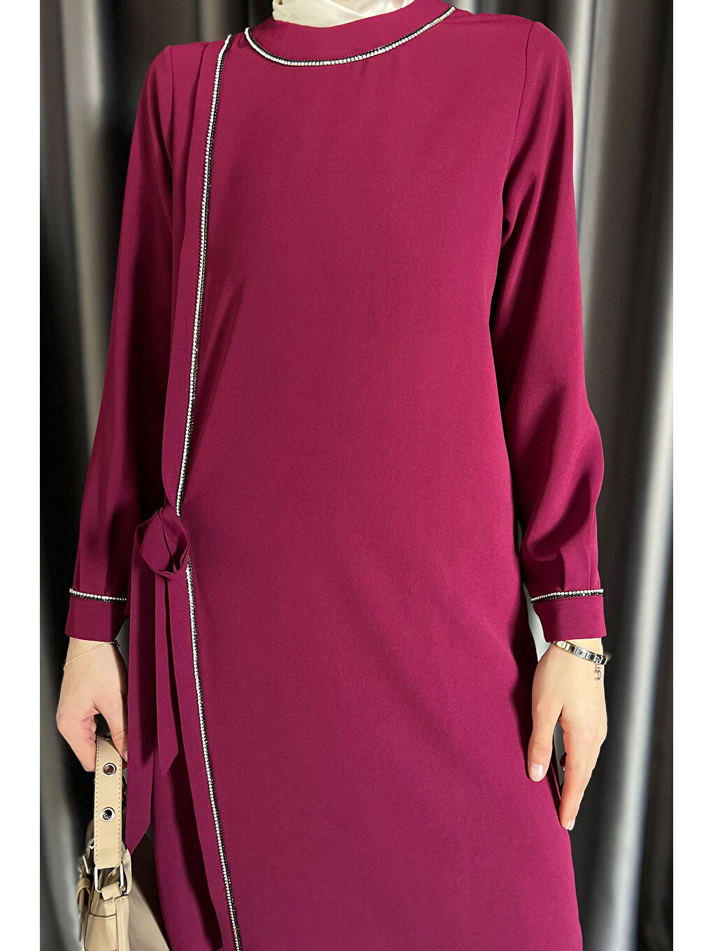 Bordo Kadın Taş İşlemeli Tesettür Tunik Pantolon İkili Takım-4