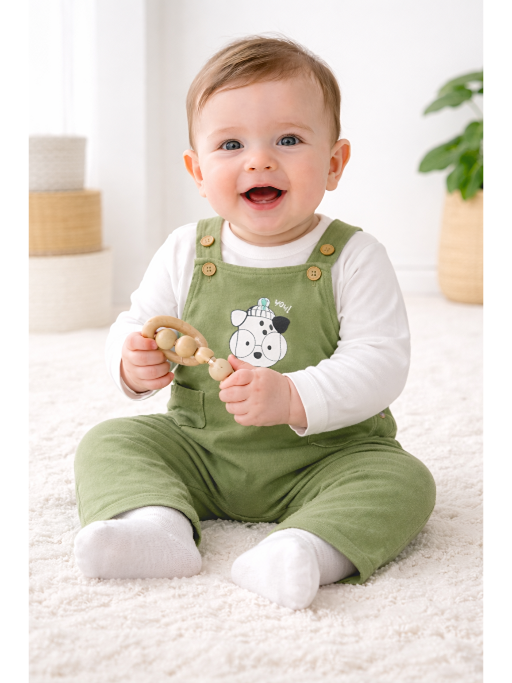 Yeşil Erkek Bebek %100 Pamuk Baskılı Salopet Bebek Takımı-1