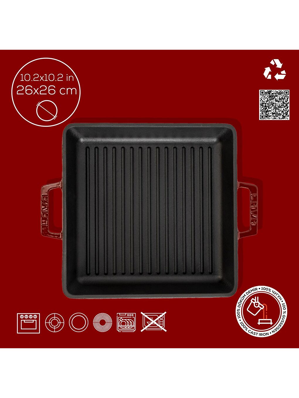 Bordo Kare Izgara Tavası Döküm Demir Yekpare Çift Kulplu Ölçü 26x26cm.-3