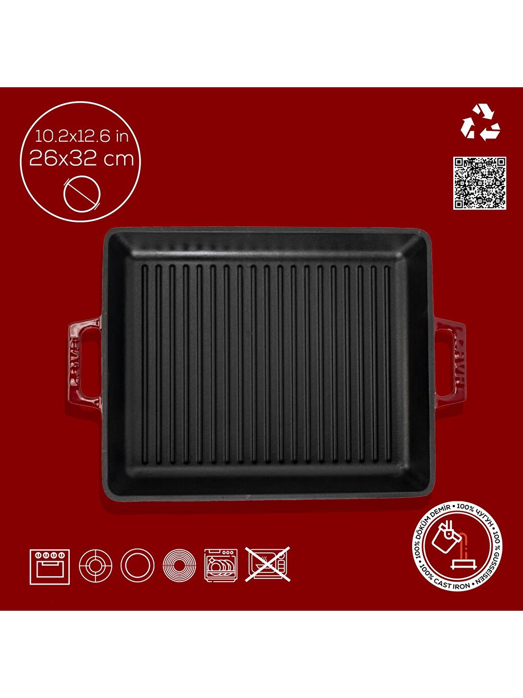 Bordo Dikdörtgen Izgara Tavası Döküm Demir Yekpare Çift Kulplu Ölçü 26x32cm.-3