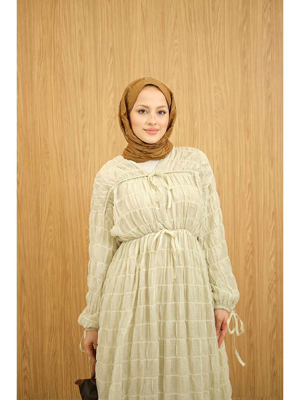 Turkuaz Kadın Büzgü Detay Bağcıklı Elbise Su Yeşil-1