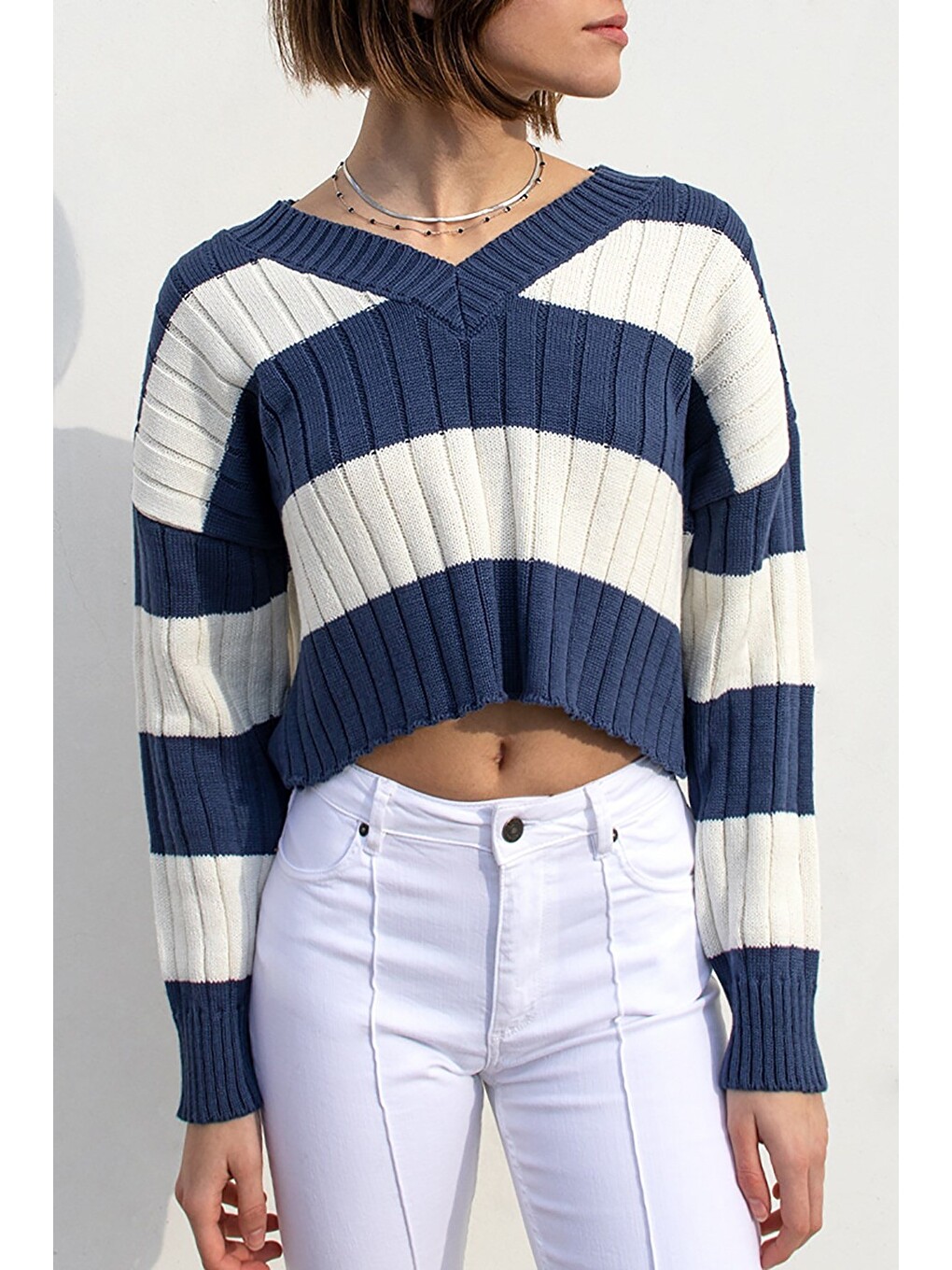 Lacivert V Yaka Çizgili Crop Kadın Kazak Mg1441
