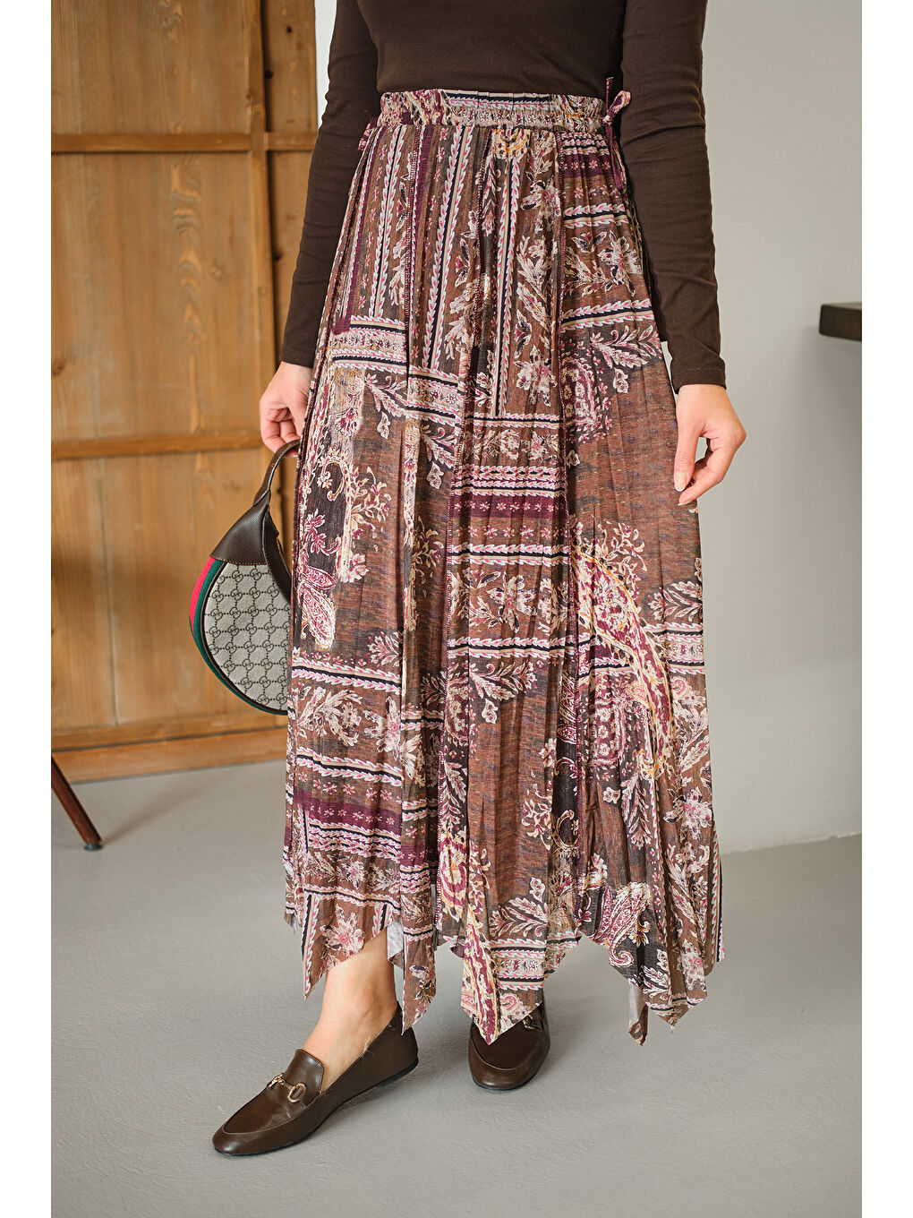 Kadın Etnik Desen Asimetrik Kesim Şifon Etek Mürdüm-1