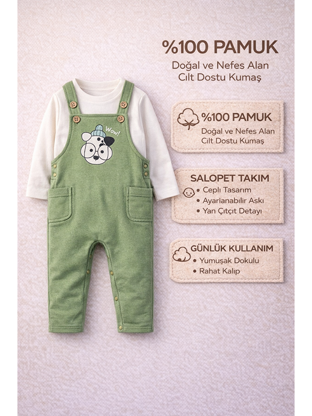 Yeşil Erkek Bebek %100 Pamuk Baskılı Salopet Bebek Takımı-2