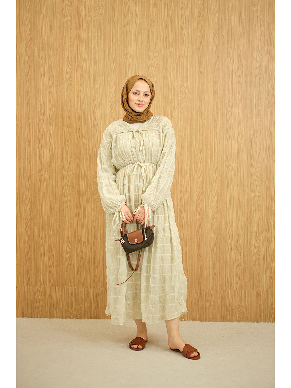 Turkuaz Kadın Büzgü Detay Bağcıklı Elbise Su Yeşil-2