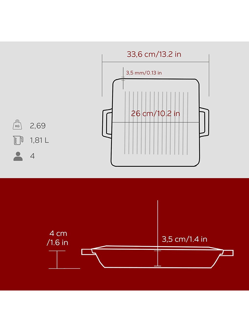 Bordo Kare Izgara Tavası Döküm Demir Yekpare Çift Kulplu Ölçü 26x26cm.-4