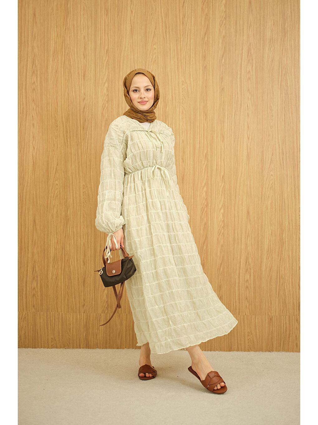 Turkuaz Kadın Büzgü Detay Bağcıklı Elbise Su Yeşil-3