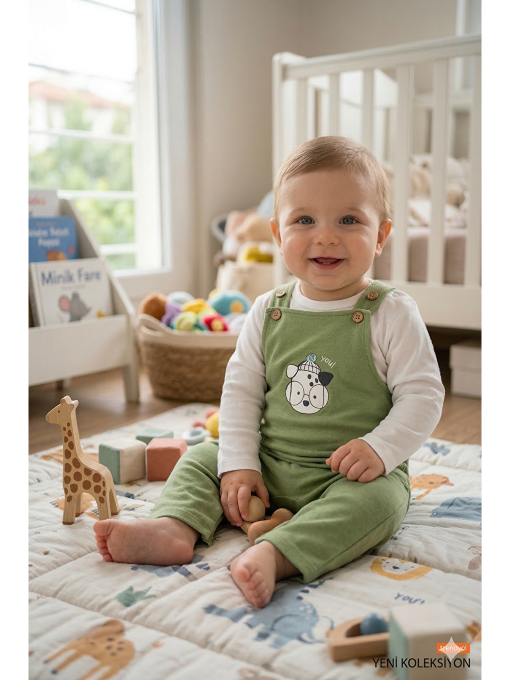 Yeşil Erkek Bebek %100 Pamuk Baskılı Salopet Bebek Takımı-3