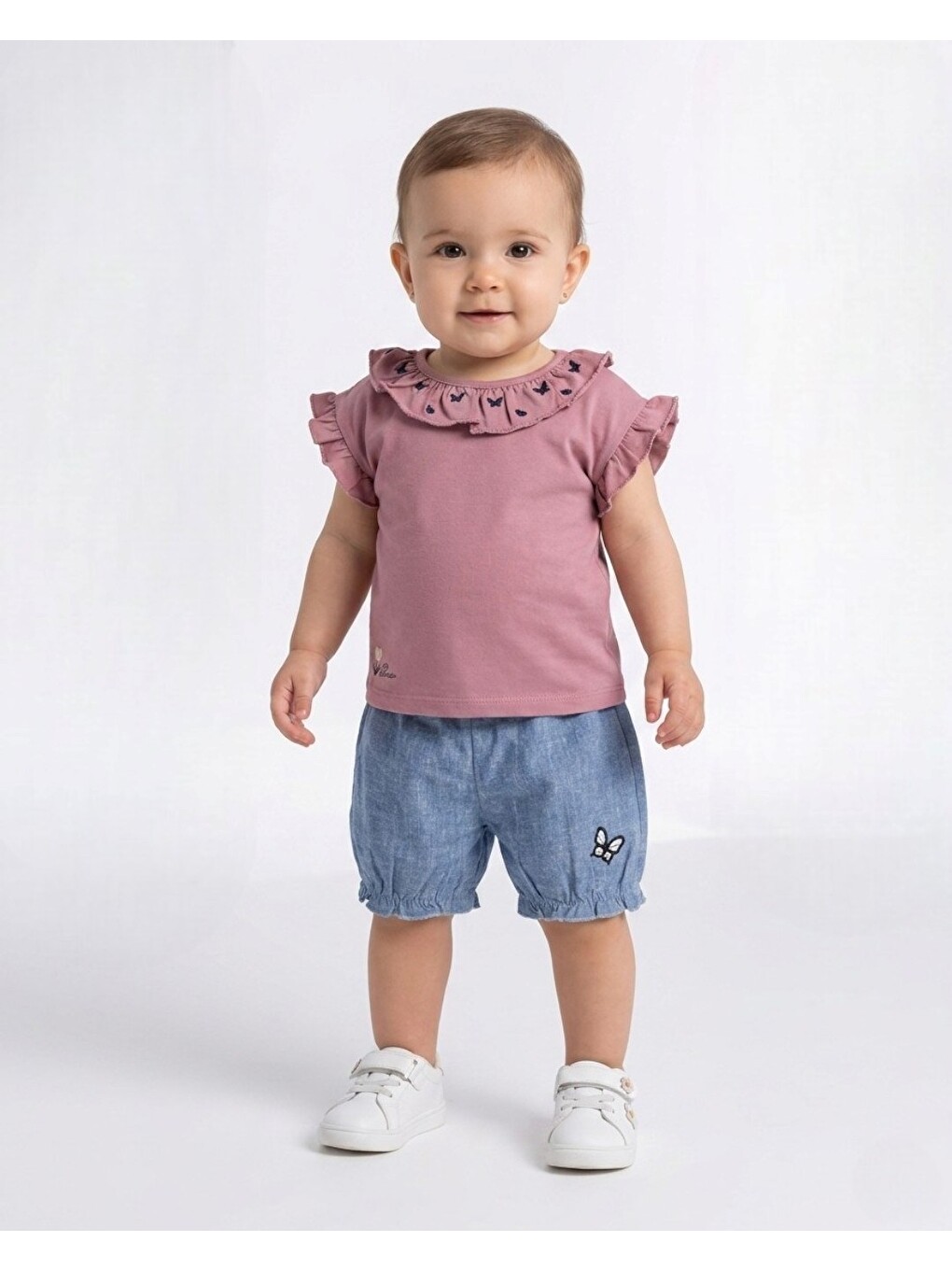 Pembe Kız Bebek Kelebek Nakışlı Jean Şorltu T-shirtlü 6-9-12-18-24 Aylık Kız Bebek Takımı-1