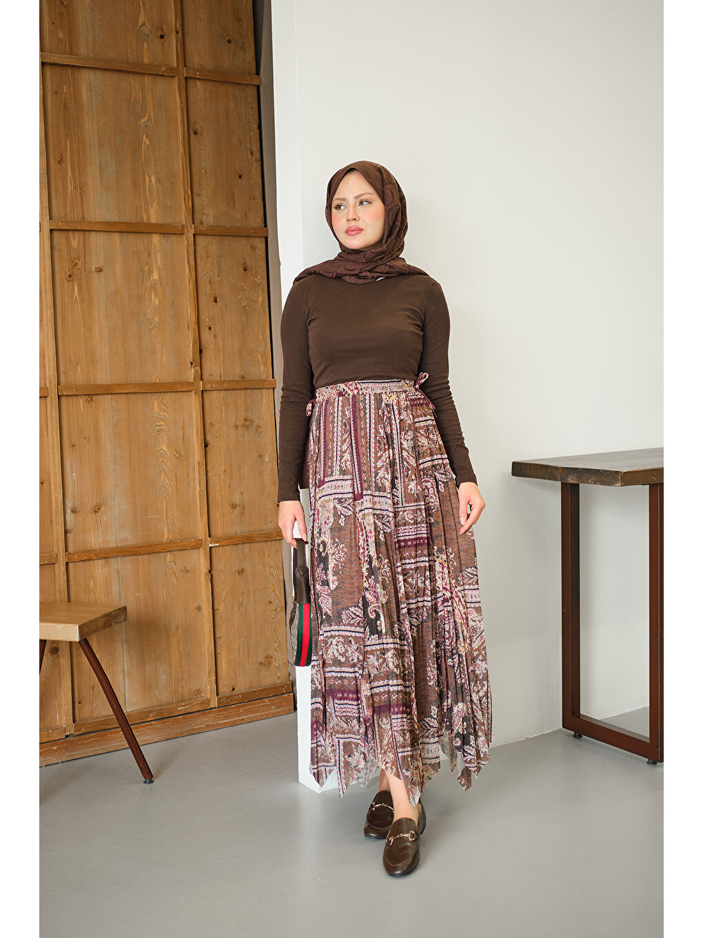 Kadın Etnik Desen Asimetrik Kesim Şifon Etek Mürdüm-2