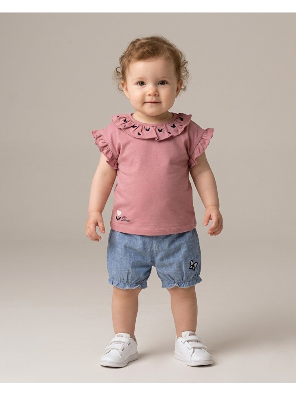 Pembe Kız Bebek Kelebek Nakışlı Jean Şorltu T-shirtlü 6-9-12-18-24 Aylık Kız Bebek Takımı-2