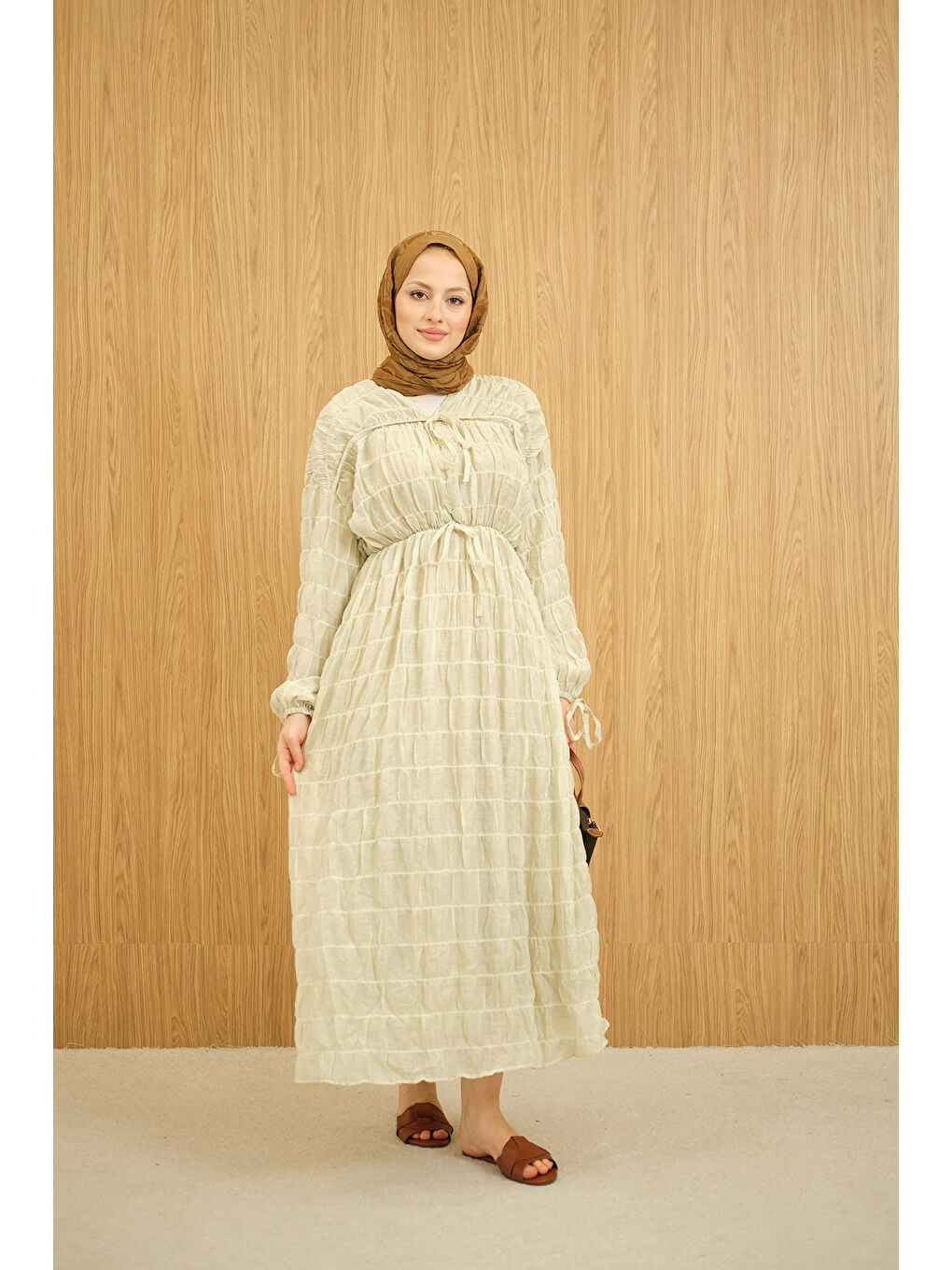 Turkuaz Kadın Büzgü Detay Bağcıklı Elbise Su Yeşil-4