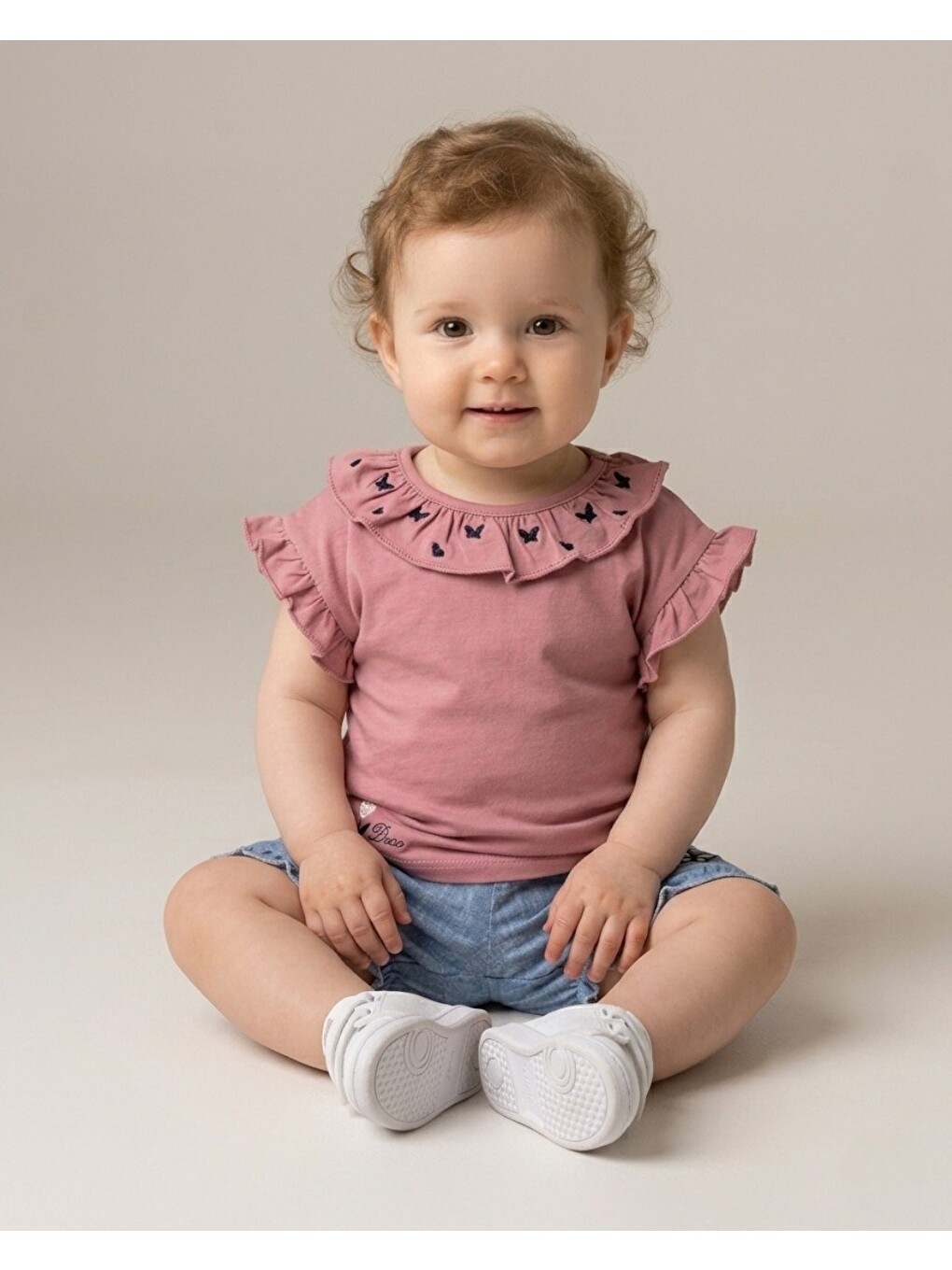 Pembe Kız Bebek Kelebek Nakışlı Jean Şorltu T-shirtlü 6-9-12-18-24 Aylık Kız Bebek Takımı-3