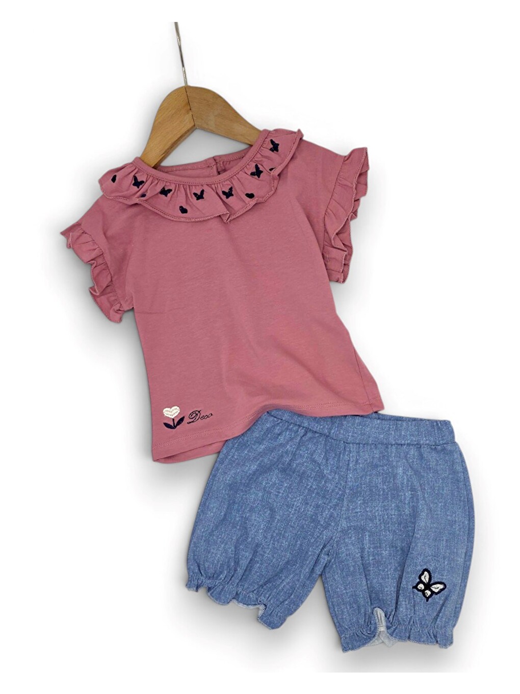 Pembe Kız Bebek Kelebek Nakışlı Jean Şorltu T-shirtlü 6-9-12-18-24 Aylık Kız Bebek Takımı-4