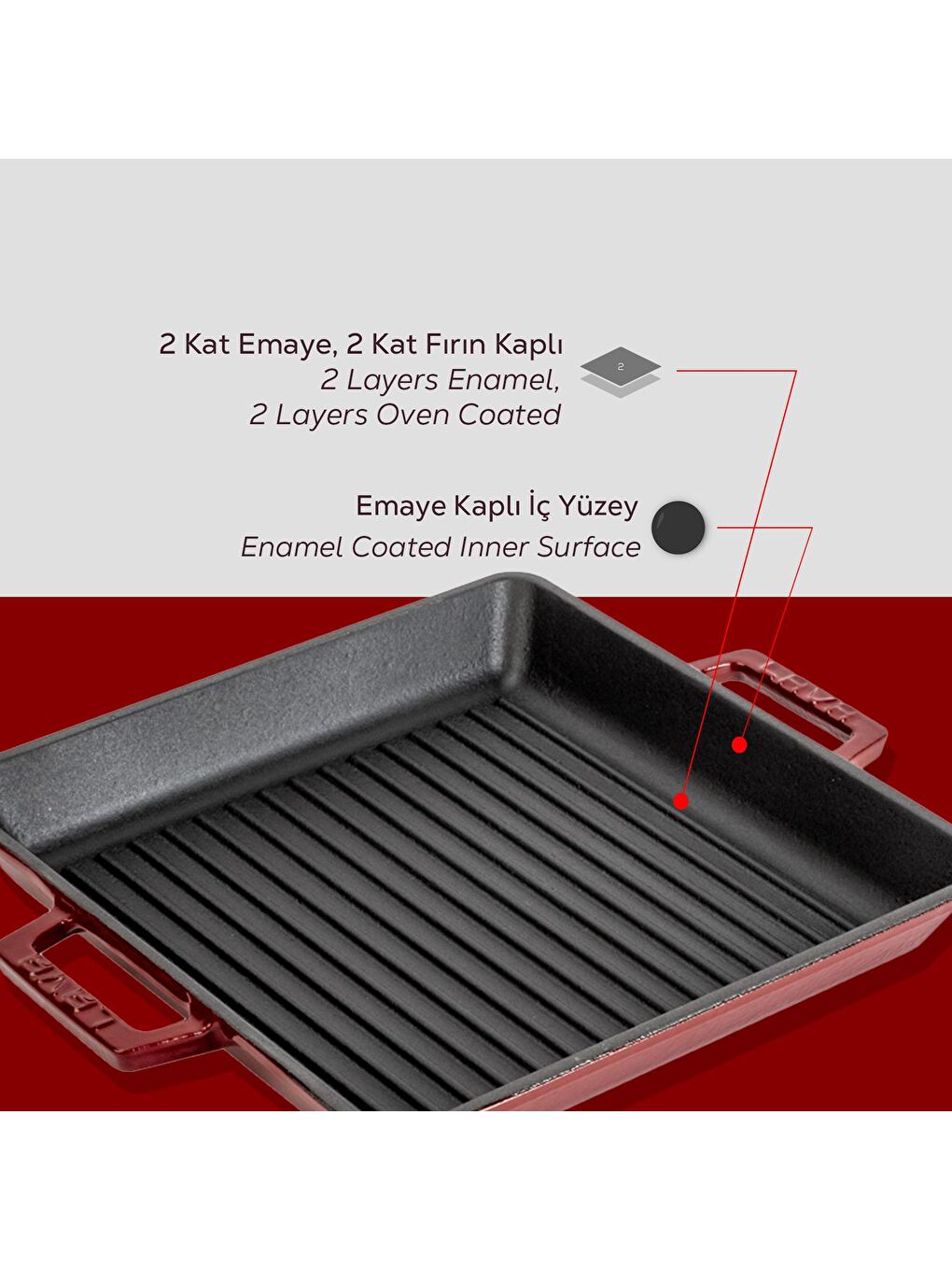 Bordo Kare Izgara Tavası Döküm Demir Yekpare Çift Kulplu Ölçü 26x26cm.-5