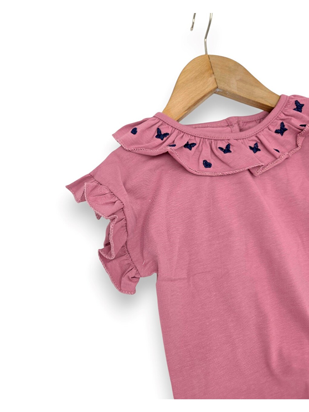 Pembe Kız Bebek Kelebek Nakışlı Jean Şorltu T-shirtlü 6-9-12-18-24 Aylık Kız Bebek Takımı-5