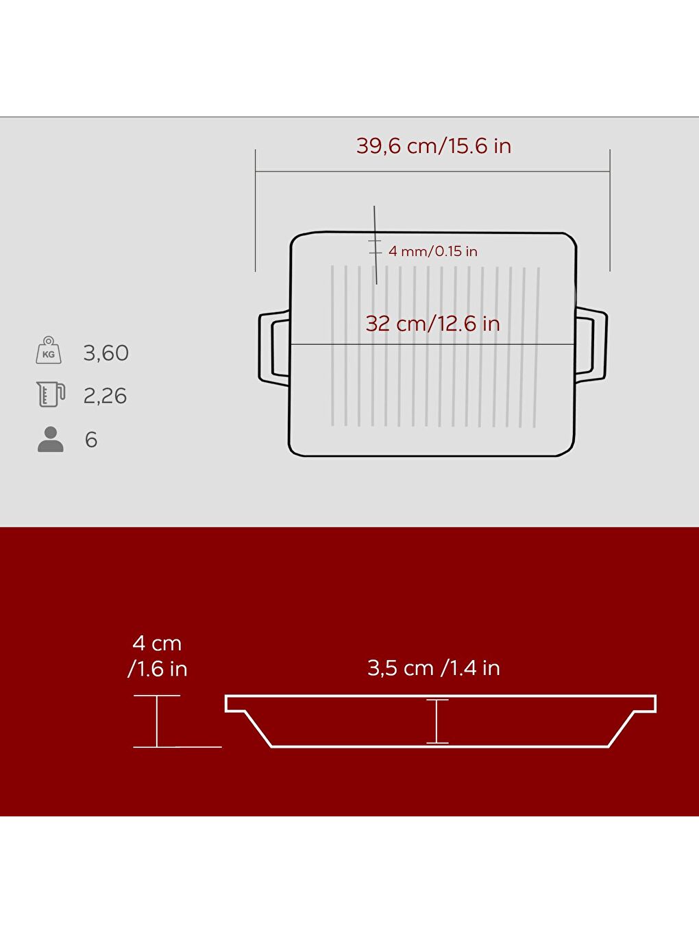 Bordo Dikdörtgen Izgara Tavası Döküm Demir Yekpare Çift Kulplu Ölçü 26x32cm.-4