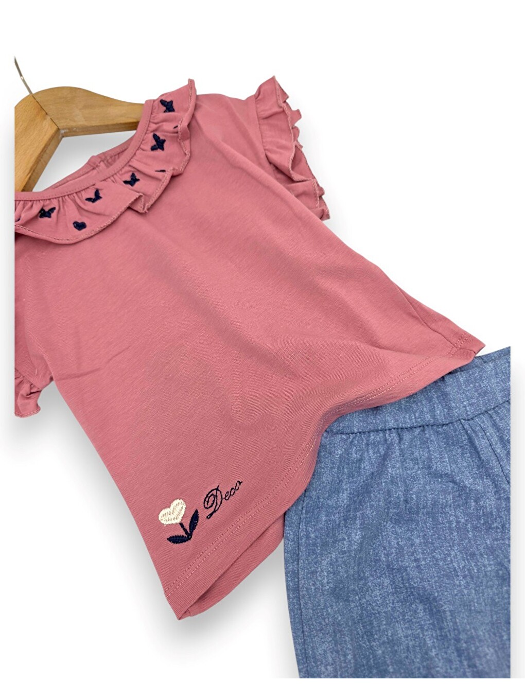 Pembe Kız Bebek Kelebek Nakışlı Jean Şorltu T-shirtlü 6-9-12-18-24 Aylık Kız Bebek Takımı-7
